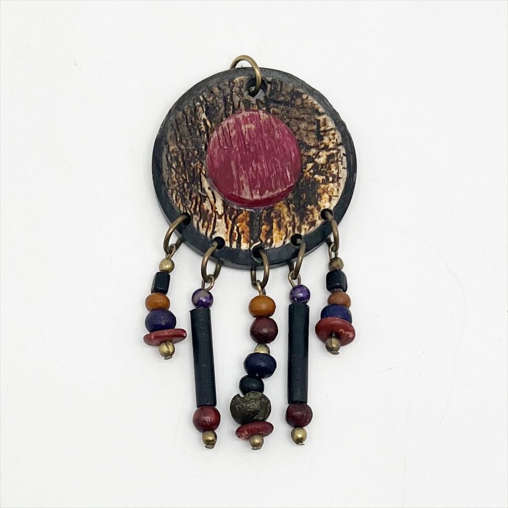Vintage 90s Wooden Medallion Pendant with Colorful Beaded Hanging Multi Strands